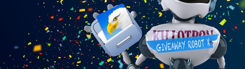 Giveaway Robot with EagleFiler icon, confetti background