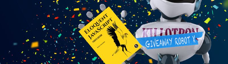 Giveaway Robot with Eloquent Javascript (e-book) icon, confetti background