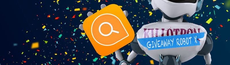 Giveaway Robot with HoudahSpot icon, confetti background