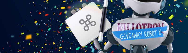 Giveaway Robot with Keyboard Maestro icon, confetti background