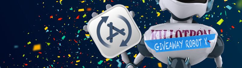 Giveaway Robot with MacUpdater icon, confetti background