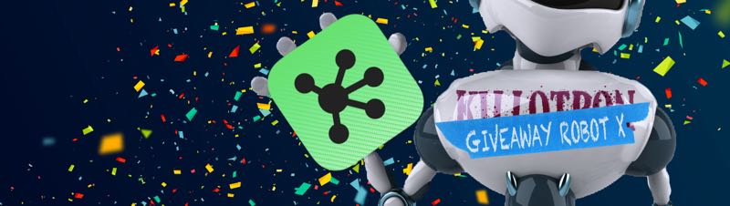 Giveaway Robot with OmniGraffle icon, confetti background