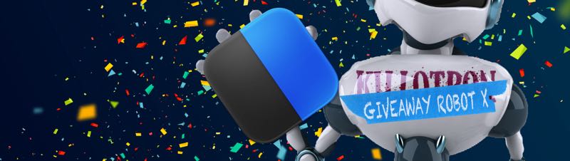 Giveaway Robot with PopClip icon, confetti background