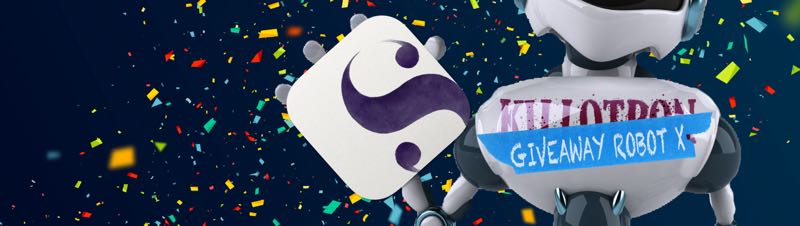 Giveaway Robot with Scrivener icon, confetti background