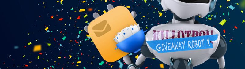 Giveaway Robot with SpamSieve icon, confetti background