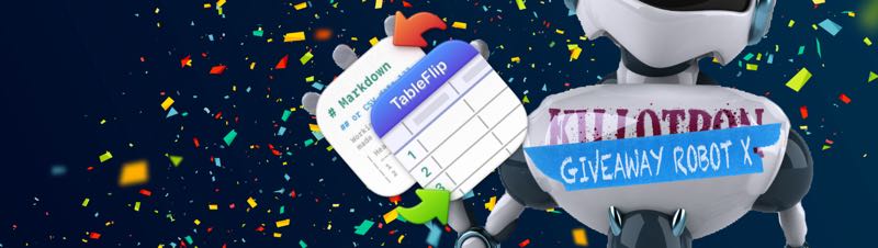 Giveaway Robot with TableFlip icon, confetti background