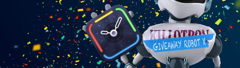Giveaway Robot with Timing icon, confetti background